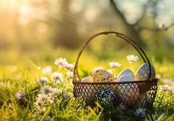 Easter Eggs in Rustic Basket with Daisies