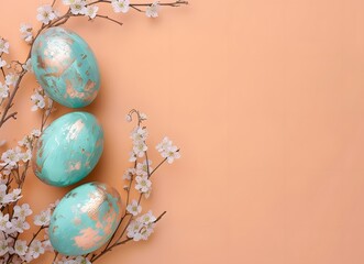 Wall Mural - pastel blue and gold easter eggs with flowers