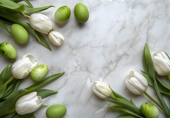 Easter Eggs and White Tulips on Marble Background