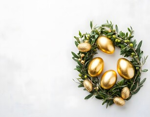 Wall Mural - golden easter eggs wreath with olive branches