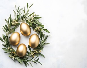 Wall Mural - golden easter eggs wreath with olive branches