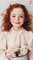 Poster - A little girl with red hair holding a bucket of flowers