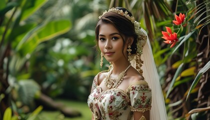 Beautiful young bride in traditional Filipino barot saya amidst a vibrant tropical garden