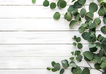 Wall Mural - eucalyptus leaves on white wooden background