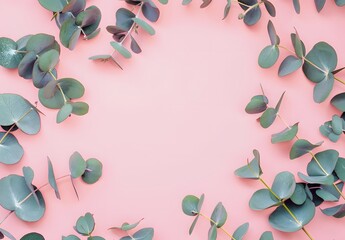 Wall Mural - eucalyptus leaves frame on pastel pink background