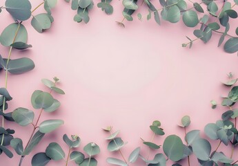 Wall Mural - eucalyptus leaves frame on pastel pink background