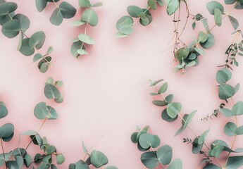 Wall Mural - eucalyptus leaves frame pastel pink background