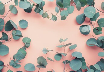 Wall Mural - pastel pink background with eucalyptus leaves frame