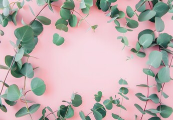 Wall Mural - pastel pink background with eucalyptus leaves frame