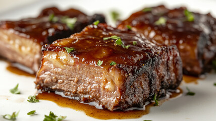 Close-up of barbecued beef ribs with a glaze.