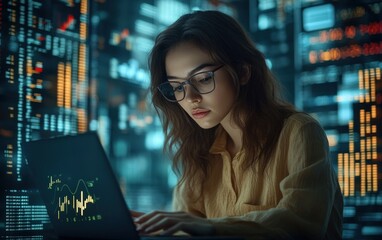 Wall Mural - A young woman in glasses works on a laptop in a dimly lit office.