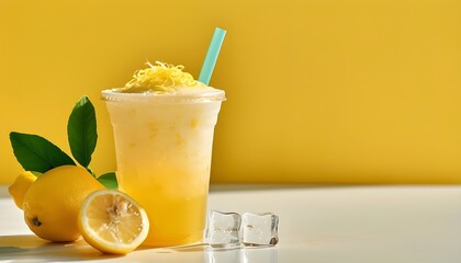 Wall Mural - Zesty Lemonade Slushie in a Clear Cup with a Bright Straw, Perfectly Refreshing Drink