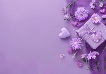 purple flowers, gift box & hearts on lavender background