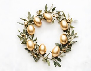 Wall Mural - golden easter eggs wreath with olive branch