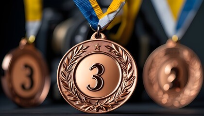 Detailed close-up of a bronze number three medal showcasing intricate design and craftsmanship in studio lighting