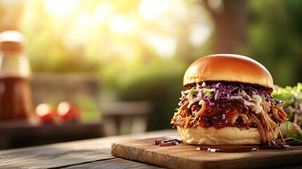 Pulled pork sandwich with slaw and sauce on wooden cutting board.