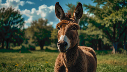 A cheerful donkey stands amidst lush greenery, embodying a sense of joy in a vibrant natural setting