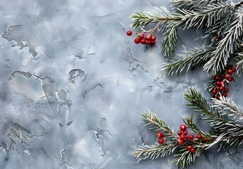 Snowy Fir Branches with Red Berries Christmas Background