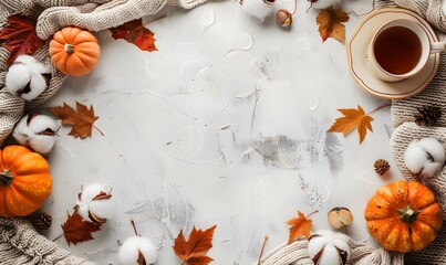 Wall Mural - autumn flat lay with pumpkins, tea, and knit blanket