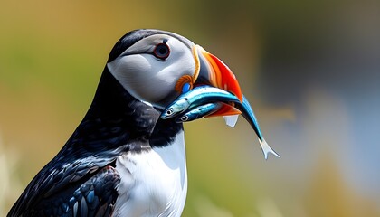 Wall Mural - Atlantic puffin proudly displaying a beak full of sand eels against a vibrant seaside backdrop