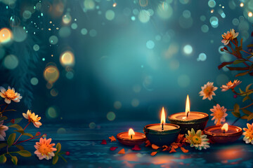 Wall Mural - Burning diya candles for Diwali festival on background.