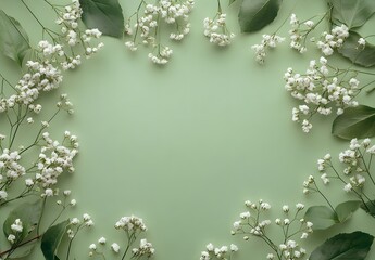 Wall Mural - green background with white baby's breath flowers