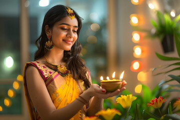 Wall Mural - Indian woman celebrating Diwali festival and holding  candle.