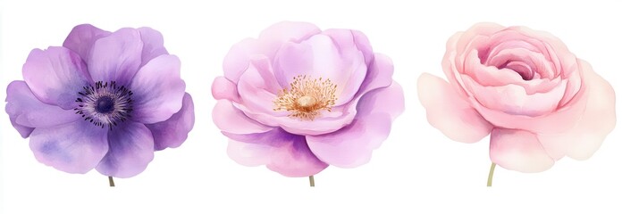 set of three watercolor flower illustrations, in pink and purple tones