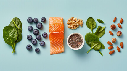 A beautifully composed image of blueberries, spinach, nuts, tuna, and chia seeds, artistically arranged on a beige background with warm lighting. Soft, natural shadows and highlights enhance the food