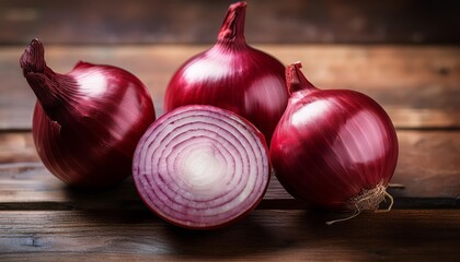 A close-up of four fresh red onions with smooth, shiny skins, showcasing their vibrant color and healthy appearance 