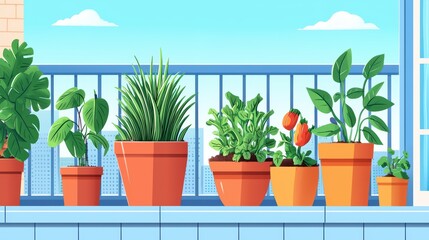 Colorful potted plants on a balcony against a clear blue sky.