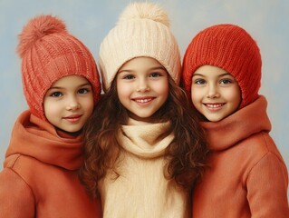 three lovely little girls in warm winter turtlenecks and hats. Kids winter fashion