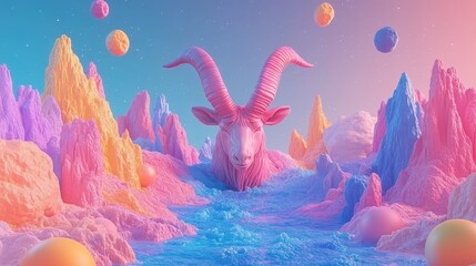 Wall Mural - Pink Capricorn with Pastel Mountains and Planets