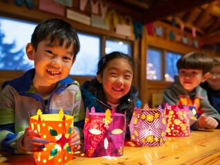 Poster - Lantern-Making Joy: Children's Bright Smiles