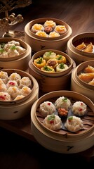 Canvas Print - Assortment of Delectable Chinese Dim Sum on Steaming Bamboo