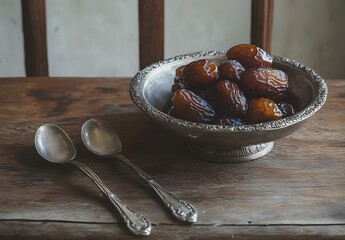 Wall Mural - Dates in Vintage Bowl with Silverware on Wooden Table