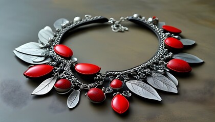 Vibrant Red Leather Necklace Adorned with Elegant Silver Charms