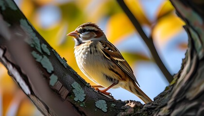 Corn bunting perched elegantly on a tree branch, showcasing intricate feathers and natural beauty in a serene setting