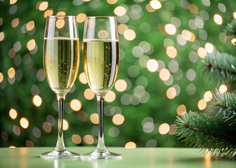 Two champagne glasses against golden bokeh lights. Christmas celebration concept. 