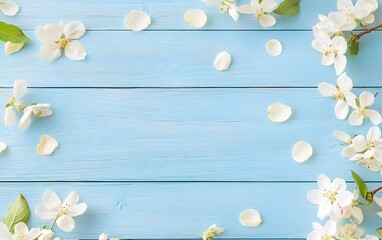 Poster - Blue Wooden Table With White Apple Blossoms