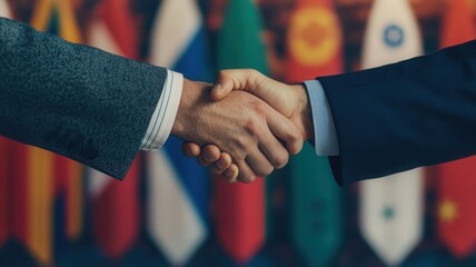 A close-up of two hands shaking, symbolizing agreement or partnership, with international flags in the background, highlighting global cooperation.