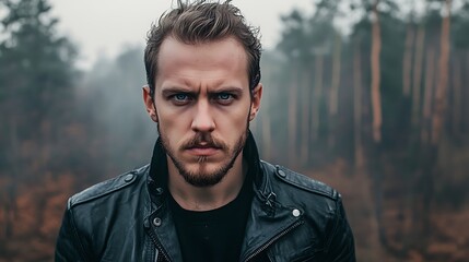 Mysterious Man with Piercing Blue Eyes in Black Leather Jacket Amidst Foggy Forest Scenery