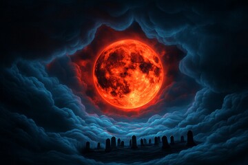 Wall Mural - A full moon surrounded by dark, swirling clouds, with eerie red light reflecting off a haunted graveyard below, in a full moon fantasy artwork illustration