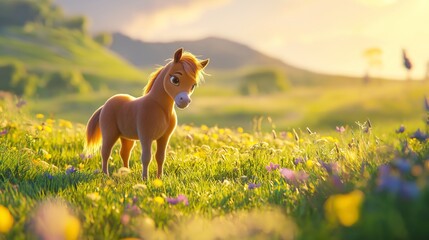 illustration of a cute baby horse in a bright, green pasture with golden hour lighting