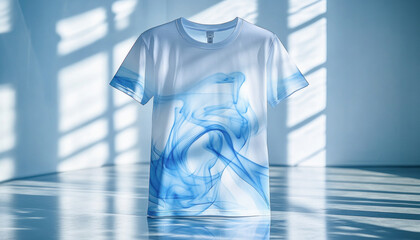 White t-shirt showing abstract blue smoke pattern design in sunlit room