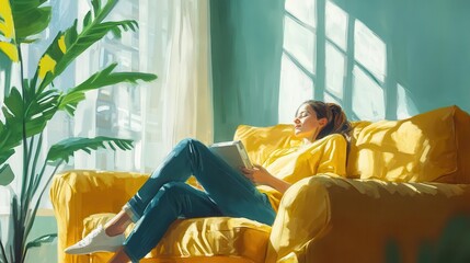 happy woman relaxing on cozy sofa enjoying peaceful day off at home lifestyle concept illustration digital painting