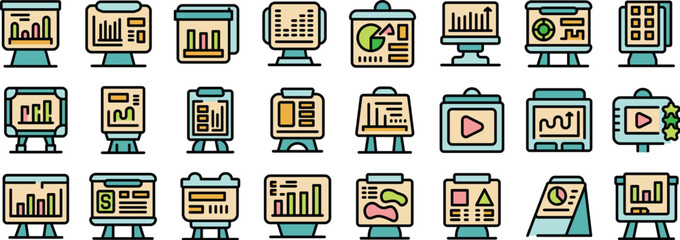 Sticker - Set of icons depicting various types of presentations, with data, charts, and multimedia elements