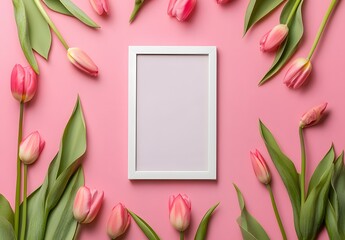 Sticker - Pink Tulips Frame Mockup Flat Lay