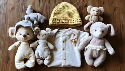 Charming infant outfit accompanied by four delightful plush toys