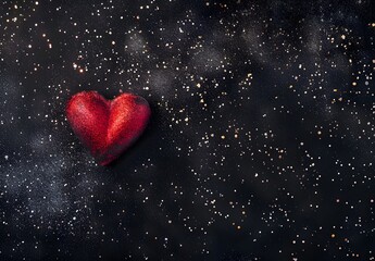 Wall Mural - Red Glitter Heart on Black Starry Sky